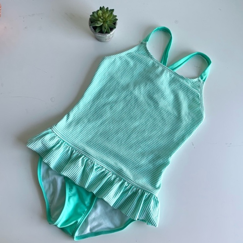 Cat & Jack‎ swimsuit large girls 10-12 green white stripes, EUC, peplum ruffle
